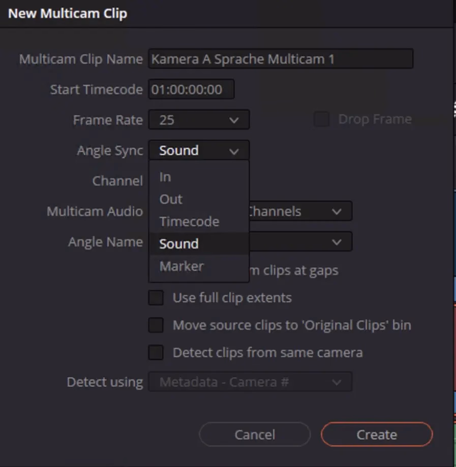 Dialog «New Multicam Clip» in DaVinci Resolve: Die Auswahl «Angle Sync» ist geöffnet und zeigt In, Out, Timecode, Sound und Marker.