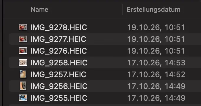 Finder-Liste mit sieben HEIC-Fotos von IMG_9255 bis IMG_9278 und der Spalte «Erstellungsdatum», Einträge vom 17.10.26, 14:49 bis 19.10.26, 10:51.