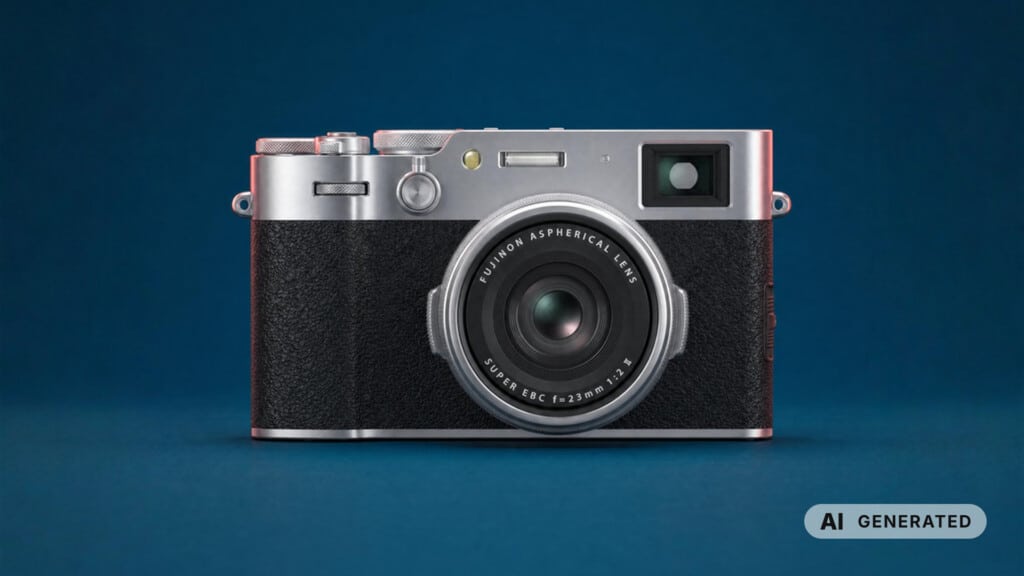 Frontansicht einer silber-schwarzen Fujifilm X100VI mit fest eingebautem Objektiv, optischem Sucher und Einstellrädern vor bl
